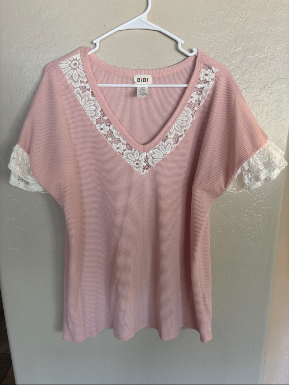 BiBi Blush Pink Short-Sleeve Top with White Lace Trim
